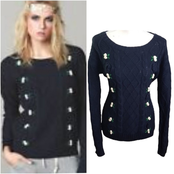 POL Navy Embroidered Cable-Knit Sweater - Picture 2 of 12